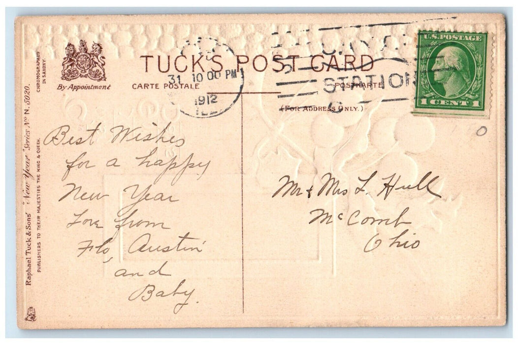 1912 New Year Greetings Berries Embossed McComb Ohio OH Tuck's Antique Postcard