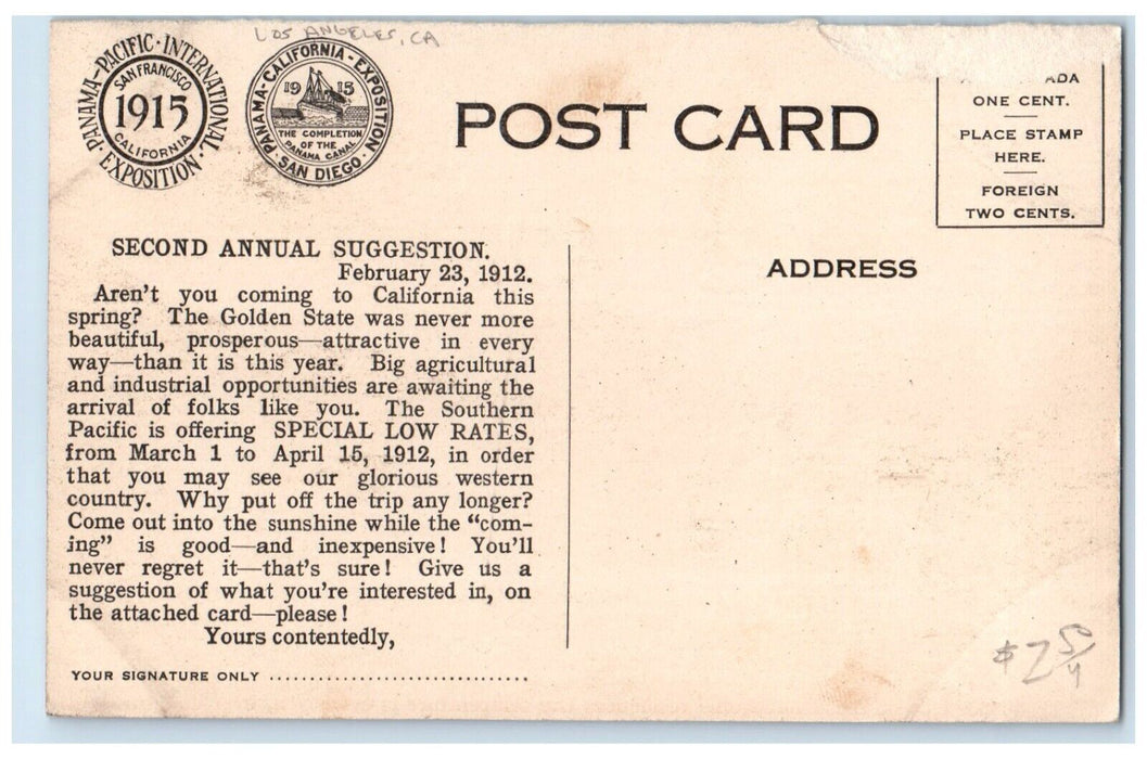 1915 Sunshine Shadow Panama-Pacific Expo Los Angeles California Vintage Postcard