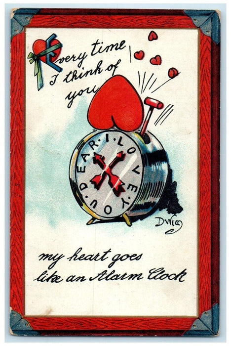 c1910's Valentine Ringing Clock Hearts Dwig Embossed Posted Antique Postcard