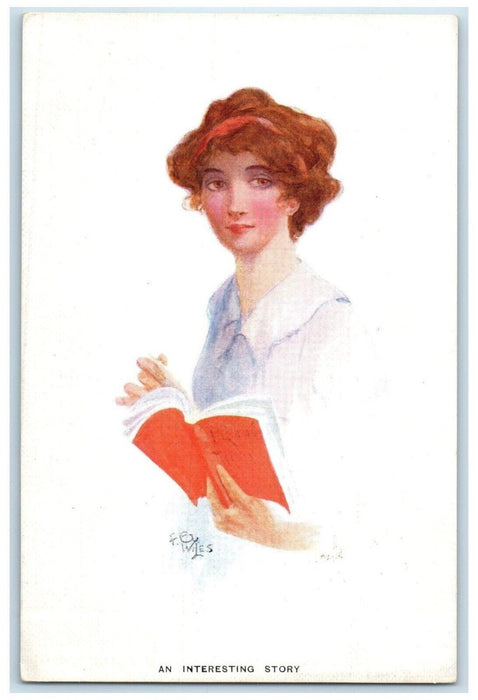 c1910's Woman Holding Book An Interesting Story Unposted Antique Postcard