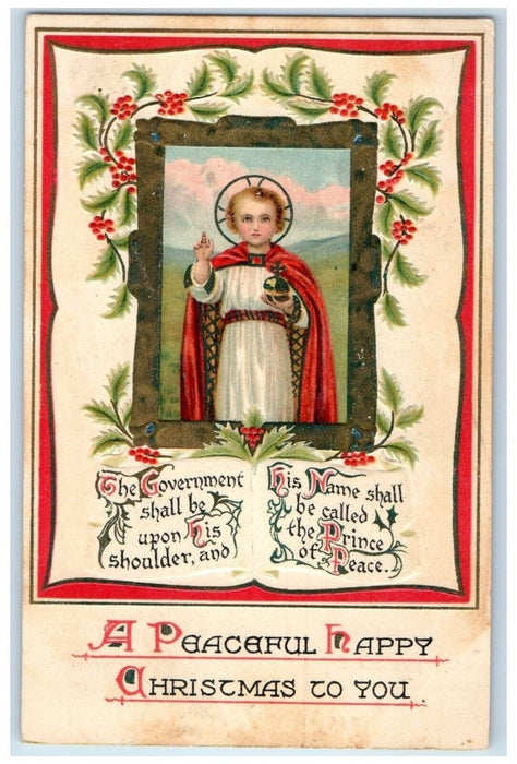 1908 Christmas Religious Holly Berries Embossed Tuck's Muncie Indiana Postcard