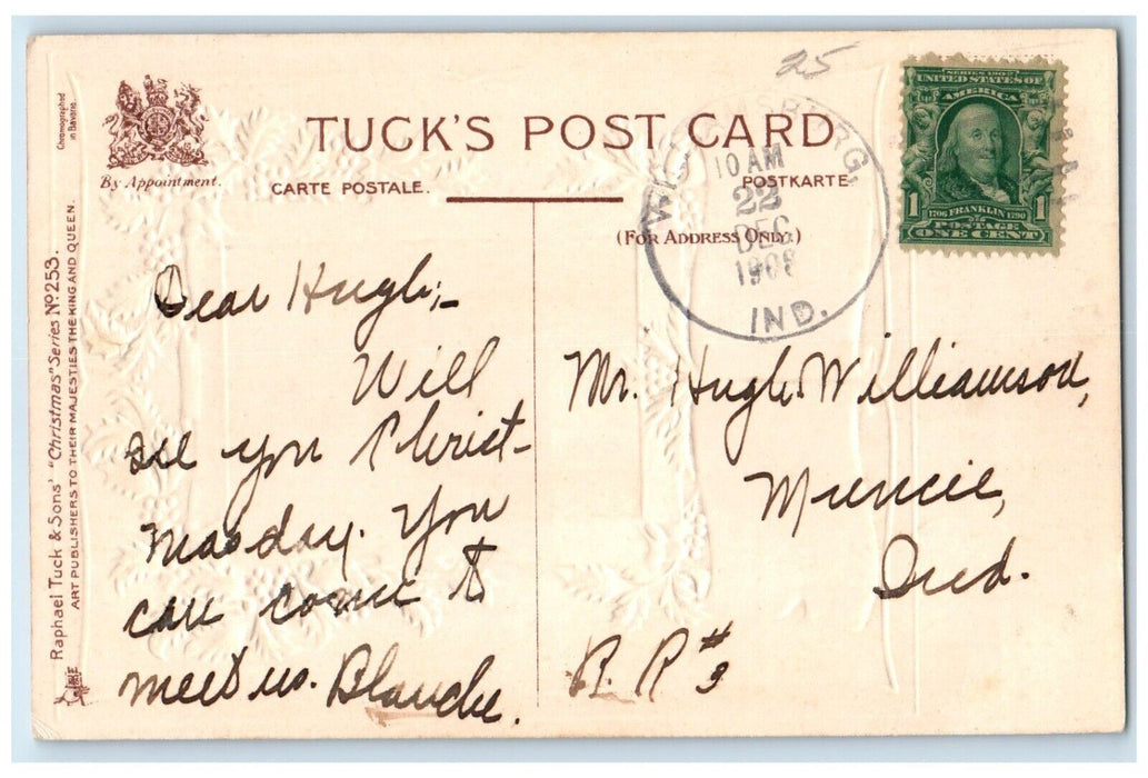 1908 Christmas Religious Holly Berries Embossed Tuck's Muncie Indiana Postcard