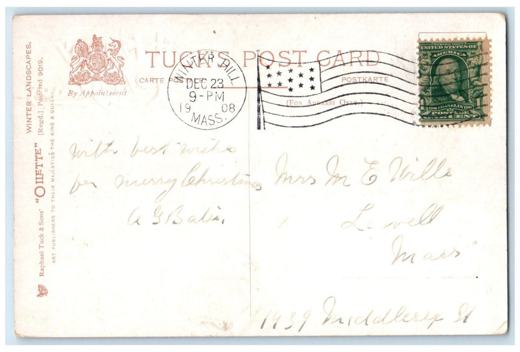 1908 Christmas Log House Winter Oilette Tucks Winter Hill Massachusetts Postcard