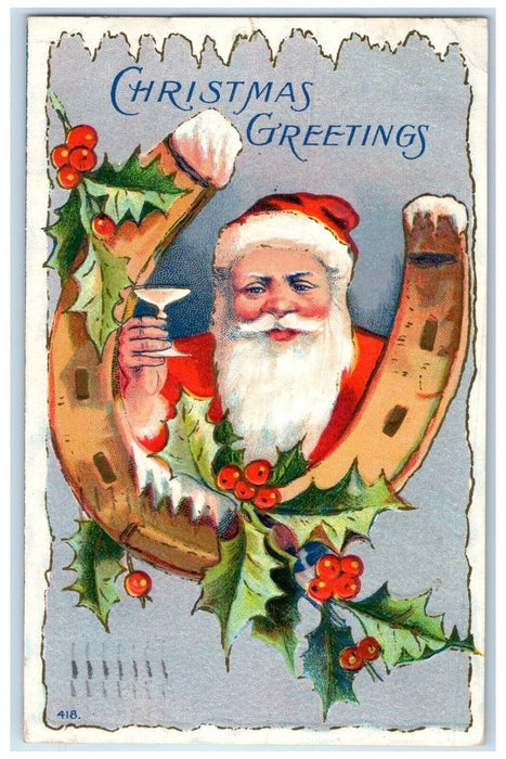 1910 Christmas Greetings Santa Claus Horseshoe Berries St. Paul MN Postcard