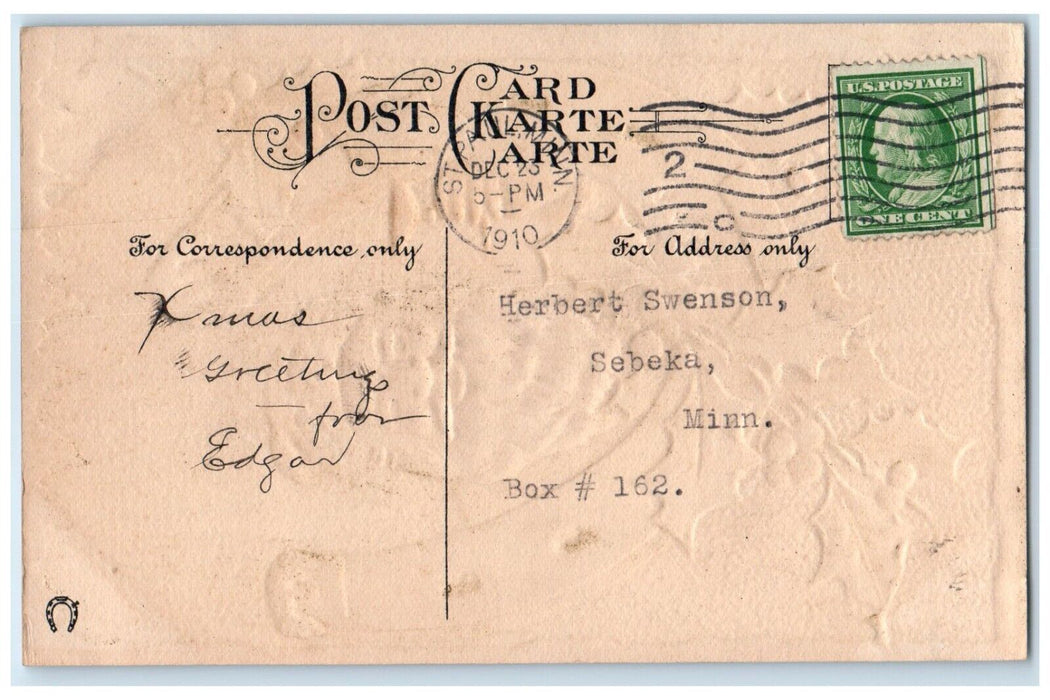 1910 Christmas Greetings Santa Claus Horseshoe Berries St. Paul MN Postcard
