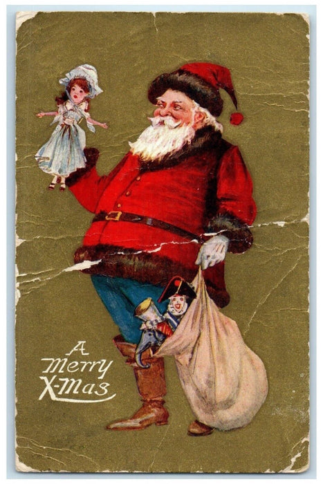 1909 Christmas Santa Claus With Sack Of Toys St. Croix Falls WI Antique Postcard