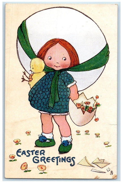 1913 Easter Greetings Little Girl Chick Flowers In Hatched Egg Tuck's Postcard