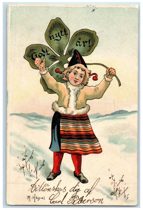 c1905 New Year Girl Holding Clover Leaf Winter Scene Sweden Antique Postcard