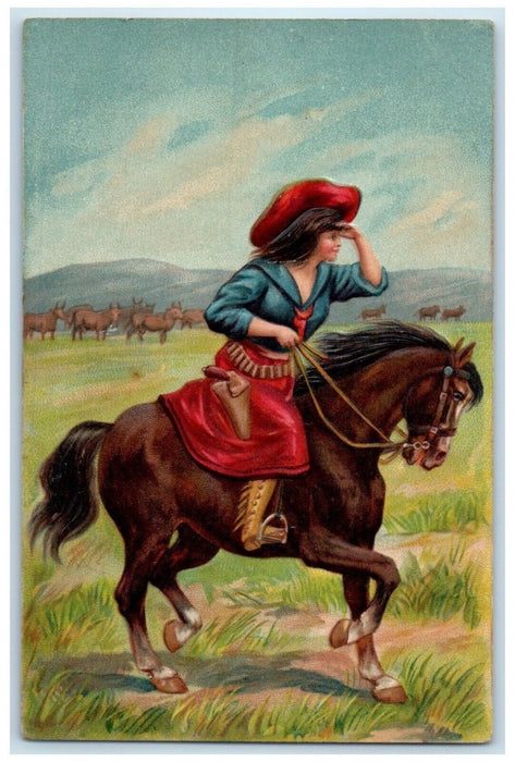1908 Cowgirl Horse Riding Embossed Cook Nebraska NE Posted Antique Postcard