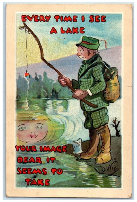 1916 Man Fishing Heart Dwig Embossed Minneapolis Minnesota MN Tuck's Postcard