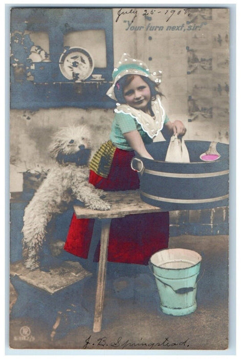 1908 Little Girl Doing Laundry Cute Dog RPPC Photo Posted Antique Postcard