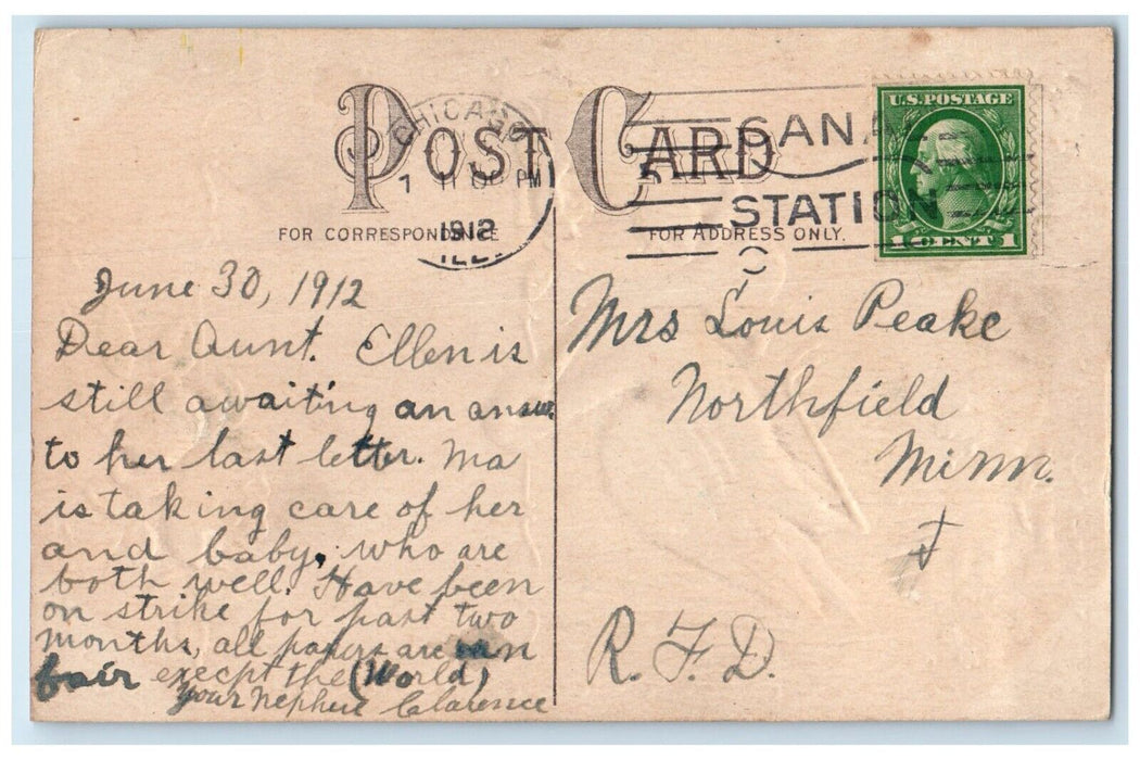 1912 Stork Delivering Baby Flowers Embossed Chicago Illinois IL Antique Postcard
