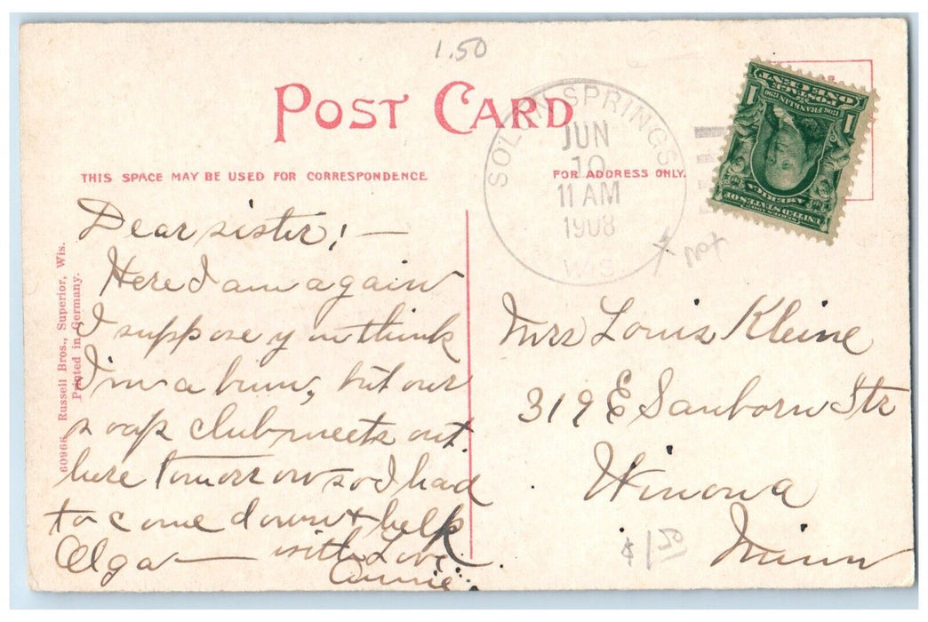 1908 View On Lake St. Croix Solon Spring Wisconsin WI, Boat Scene Postcard
