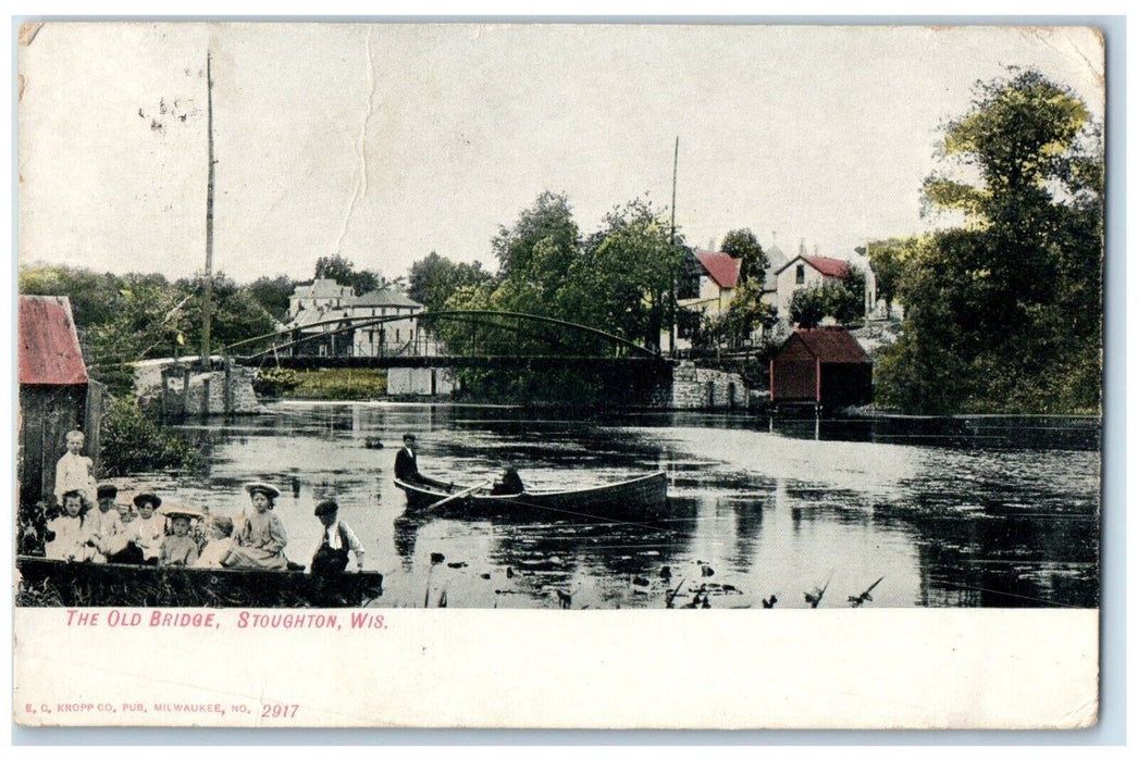 1908 The Old Bridge Boat Canoeing Stoughton Wisconsin WI Antique Postcard