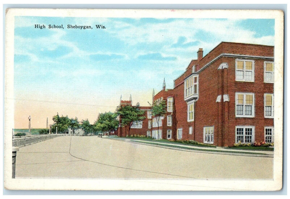 c1910's High School Building Cars Sheboygan Wisconsin WI Antique Postcard