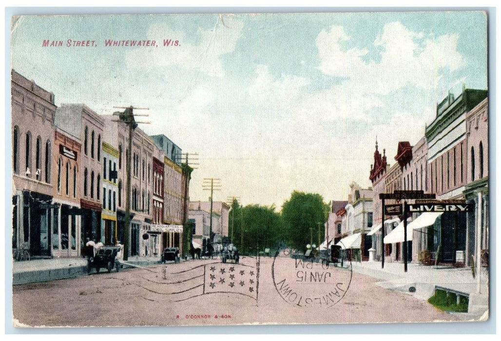 c1910's Main Street Cars School Supplies Whitewater Wisconsin WI Posted Postcard