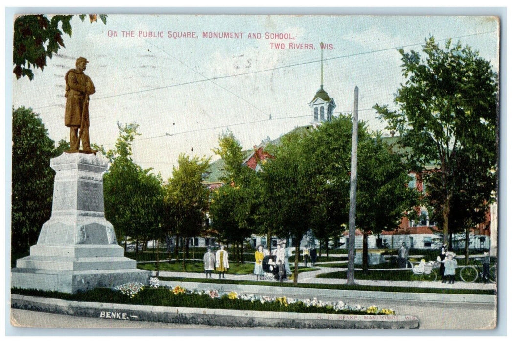 1909 On The Public Square Monument School Two Rivers Wisconsin WI Postcard