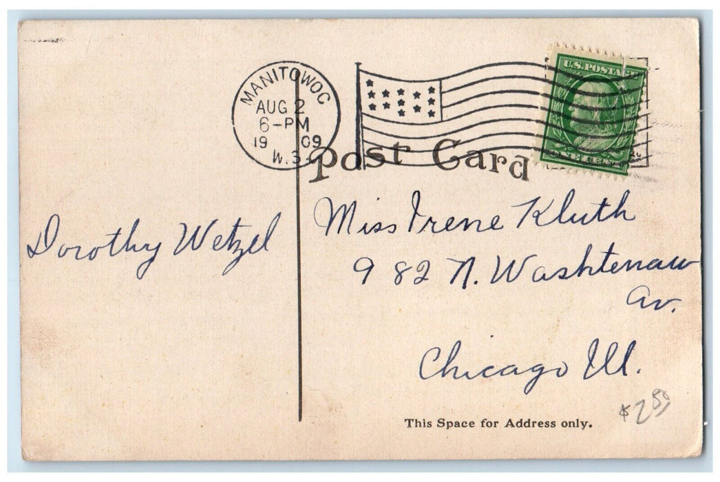 1909 On The Public Square Monument School Two Rivers Wisconsin WI Postcard