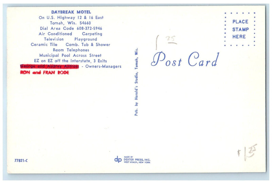 c1960's Daybreak Motel Tomah Wisconsin WI Dual View Unposted Vintage Postcard