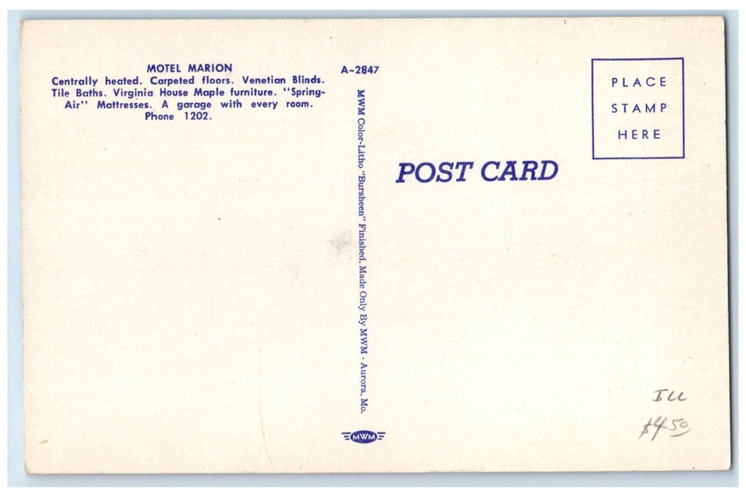 c1940 Exterior View Motel Marion Building Marion Illinois IL Unposted Postcard