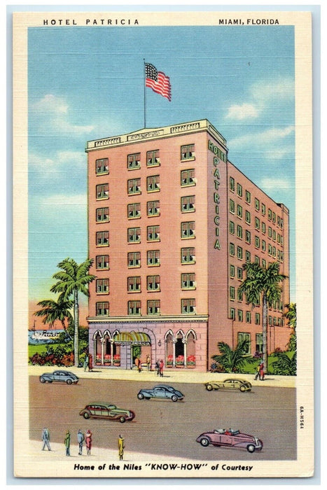 c1940 Exterior View Hotel Patricia Building Classic Cars Miami Florida Postcard