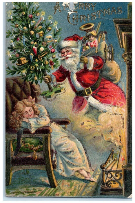 1907 Merry Christmas Santa Claus With Sack Of Toys Embossed Antique Postcard