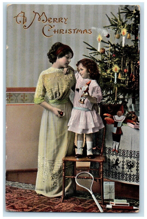 1913 Christmas Tree Mother And Daughter Candle Light Gel Hammond NY Postcard