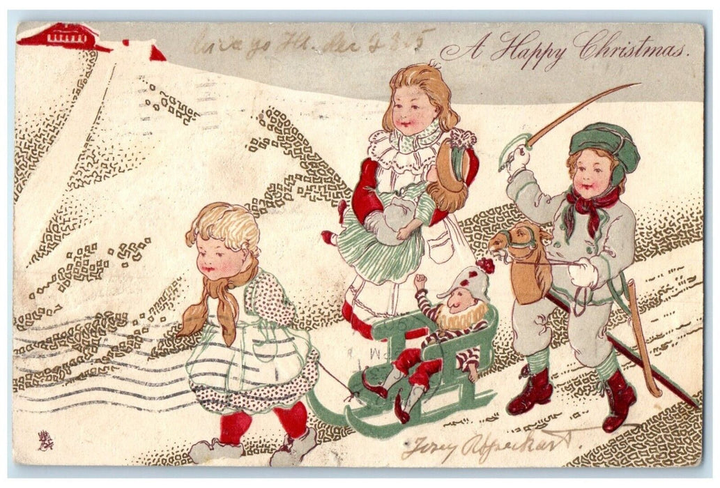 1905 Christmas Children Sledding Winter Scene Chicago Illinois Tuck's Postcard