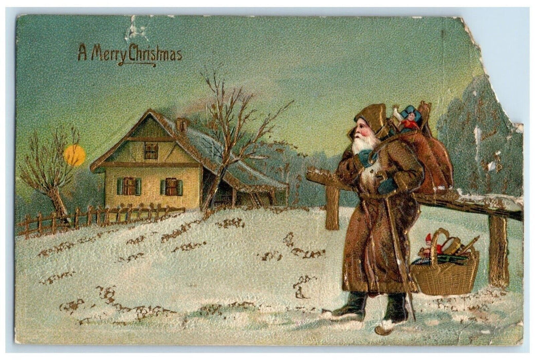 1907 Merry Christmas Santa Claus Brown Robe Sack Of Toys Winter Antique Postcard