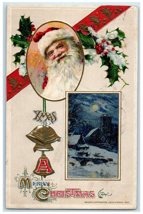 Christmas Santa Claus Ringing Bells Berries John Winsch Providence RI Postcard