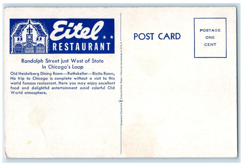 c1920 Interior Eitel Restaurant Old Heidelberg Room Chicago Illinois IL Postcard