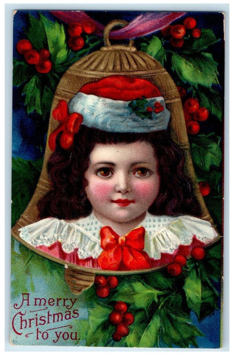 1910 Christmas Pretty Woman Bell Holly Berries Embossed Sturgeon Bay WI Postcard
