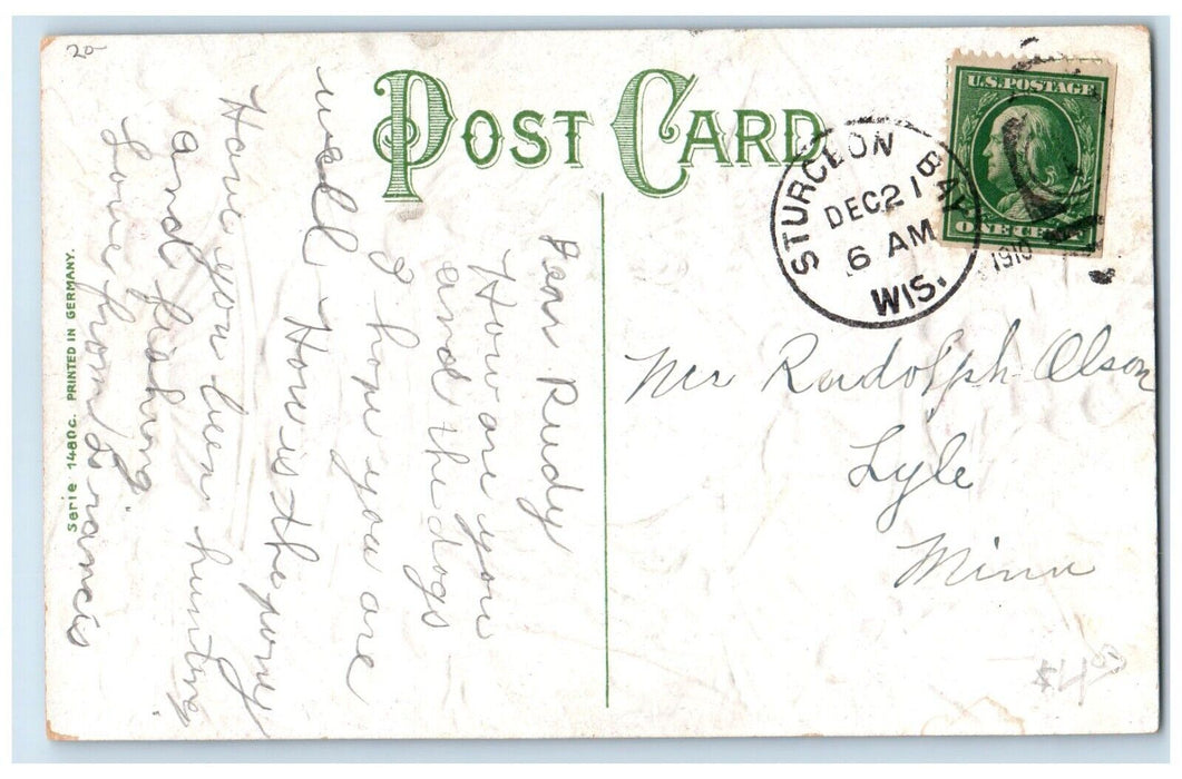 1910 Christmas Pretty Woman Bell Holly Berries Embossed Sturgeon Bay WI Postcard