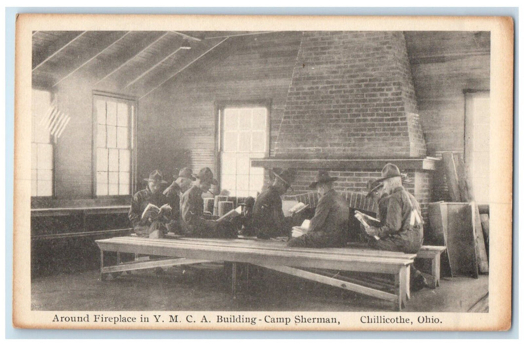 c1920 Around Fireplace YMCA Building Camp Sherman Chillicothe Ohio OH Postcard