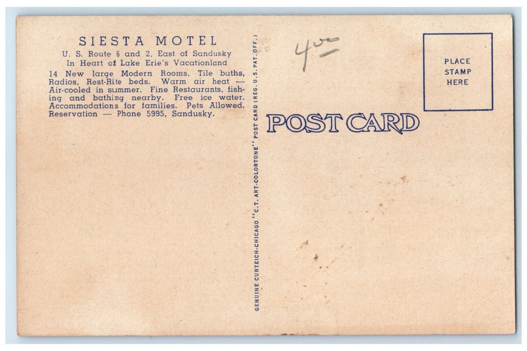 c1940 Siesta Motel Cleveland Road Exterior Building Field Sandusky Ohio Postcard