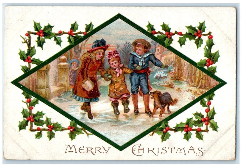 c1910's Christmas Children Walking Dog Holly Berries Embossed Antique Postcard
