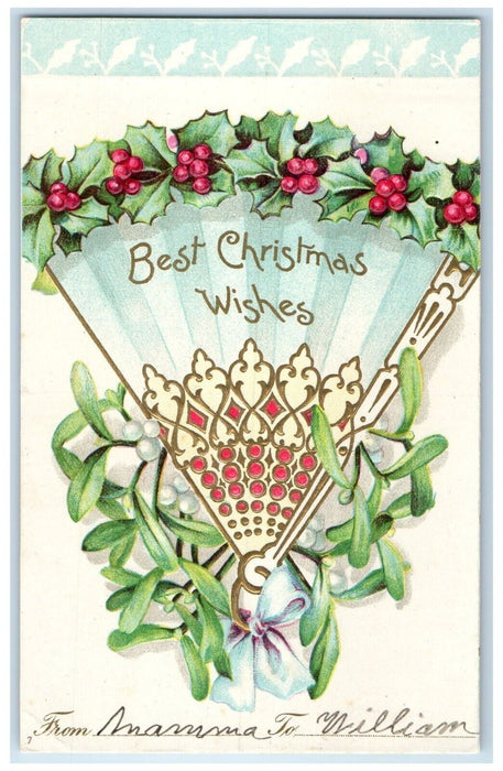 Christmas Wishes Mistletoe Holly Berries Embossed Clapsaddle Antique Postcard