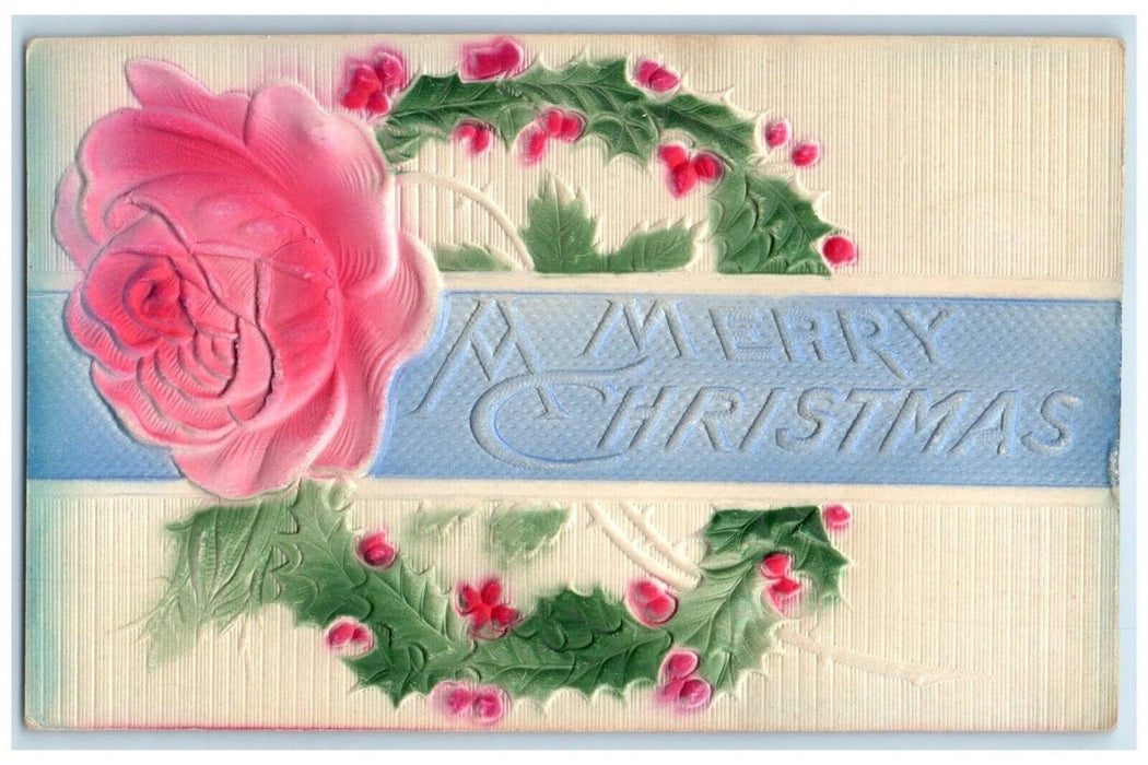 c1910's Christmas Holly Berries Rose Flower Airbrushed Embossed Antique Postcard
