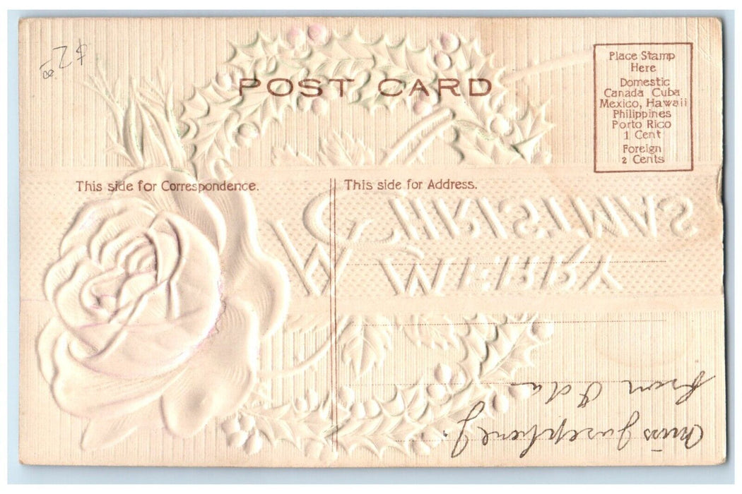 c1910's Christmas Holly Berries Rose Flower Airbrushed Embossed Antique Postcard