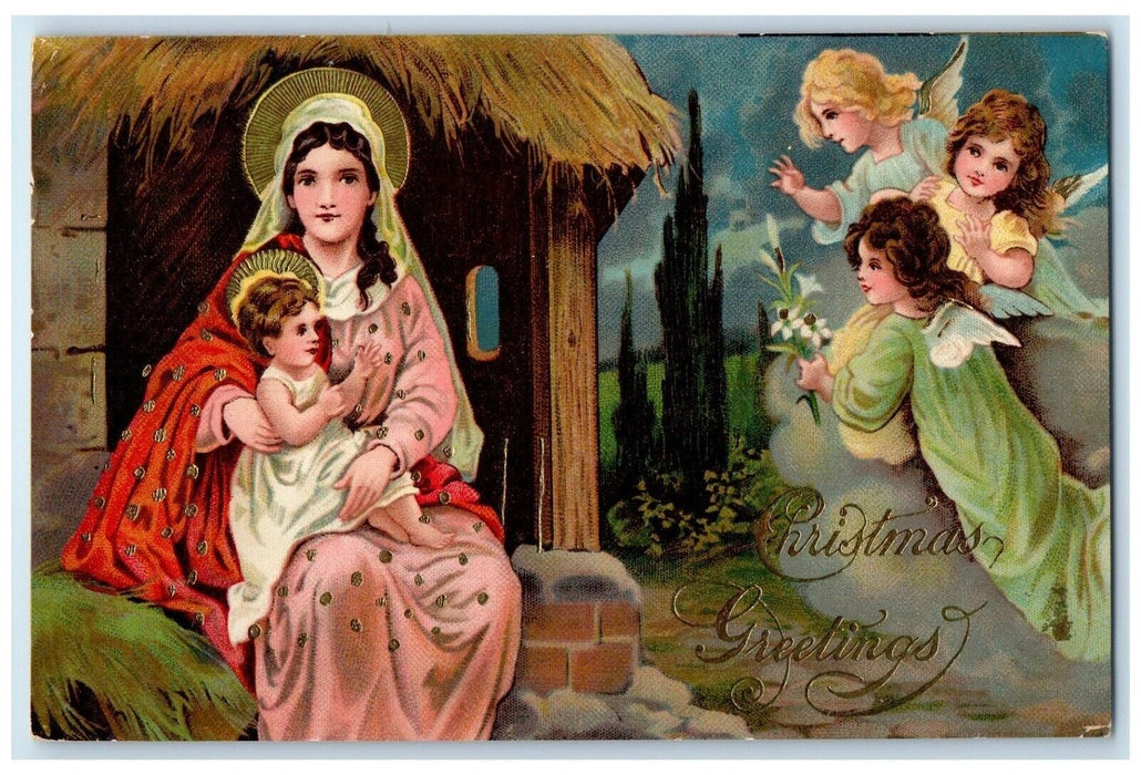 c1910's Christmas Greetings Angels Lily Flowers Religious Antique Postcard