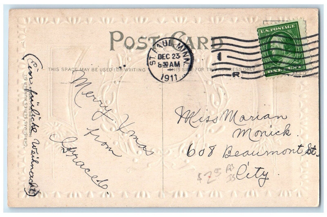 1911 Christmas Santa Claus Poinsettia Flowers Embossed St. Paul MN Postcard