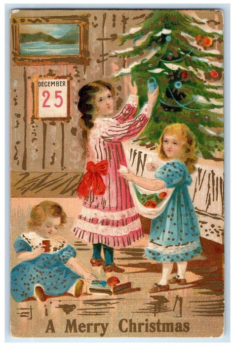 c1910's Christmas Tree Children Decorating Calendar Embossed Antique Postcard