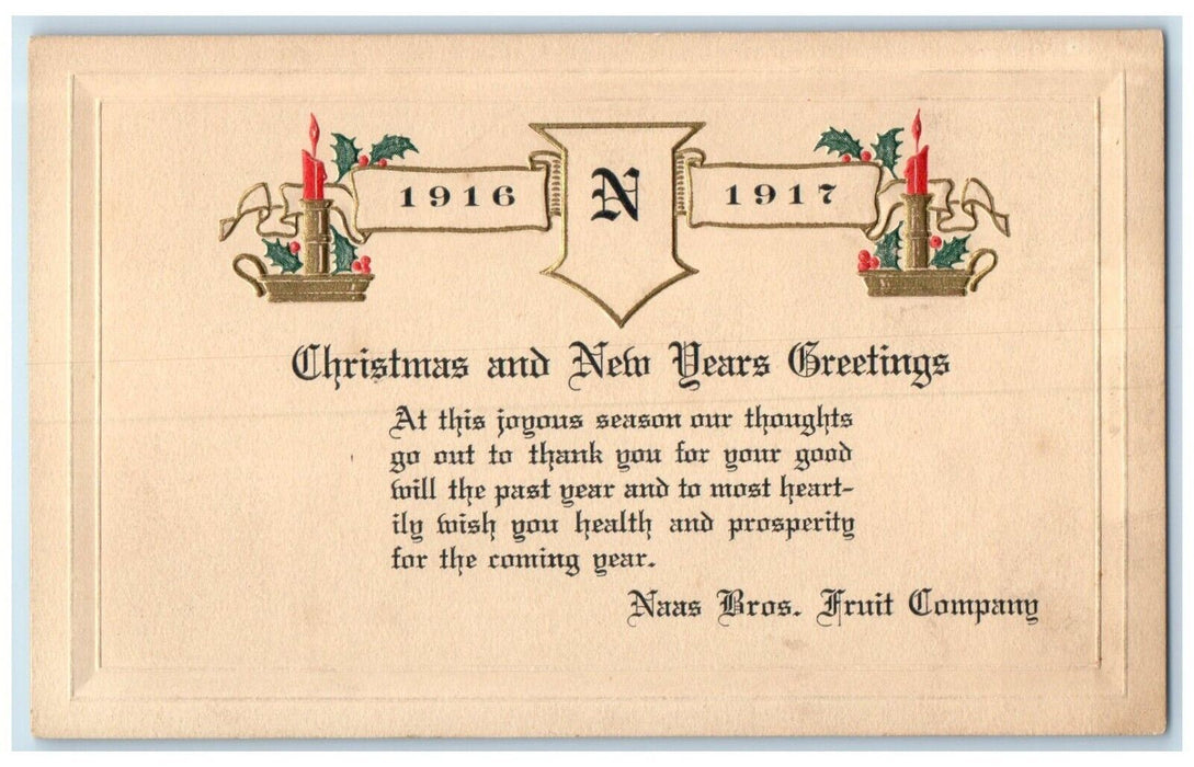 Christmas And New Years Greetings Holly Berries Candles Embossed Postcard