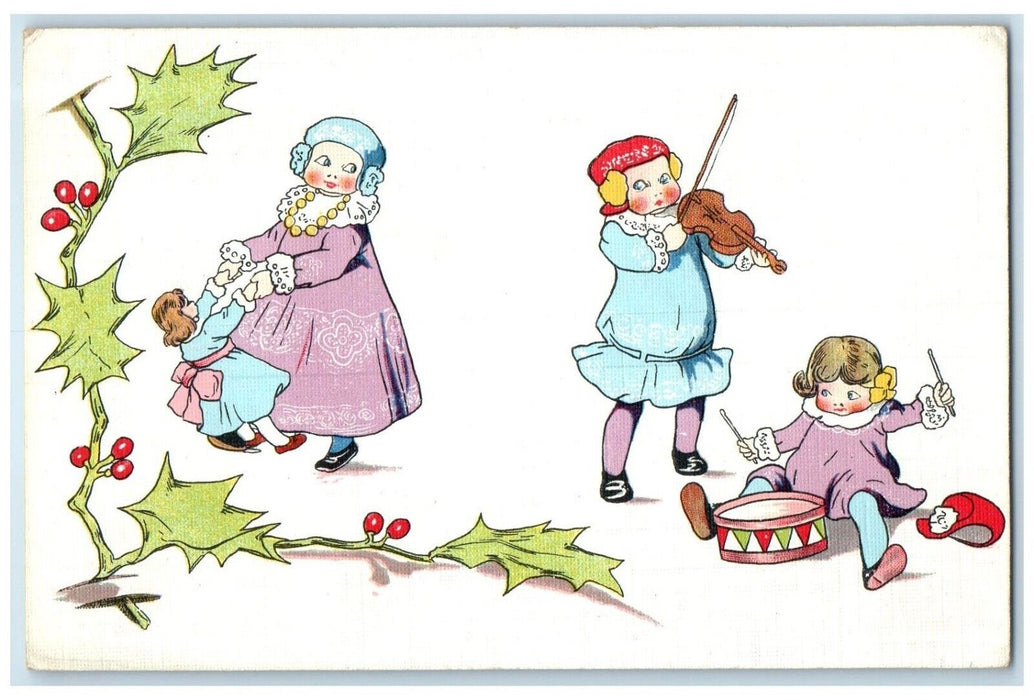 1918 Christmas Holly Berries Children Playing Doll Violon Drum Antique Postcard