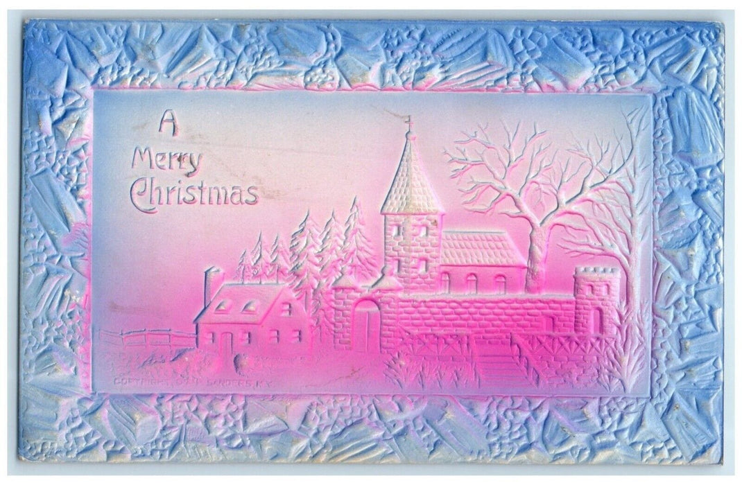 c1910's Christmas House Church Pine Trees Airbrushed Embossed Antique Postcard