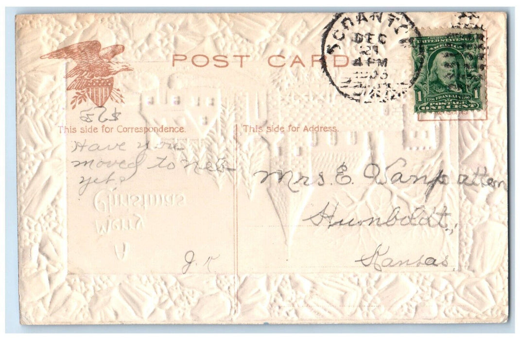 c1910's Christmas House Church Pine Trees Airbrushed Embossed Antique Postcard