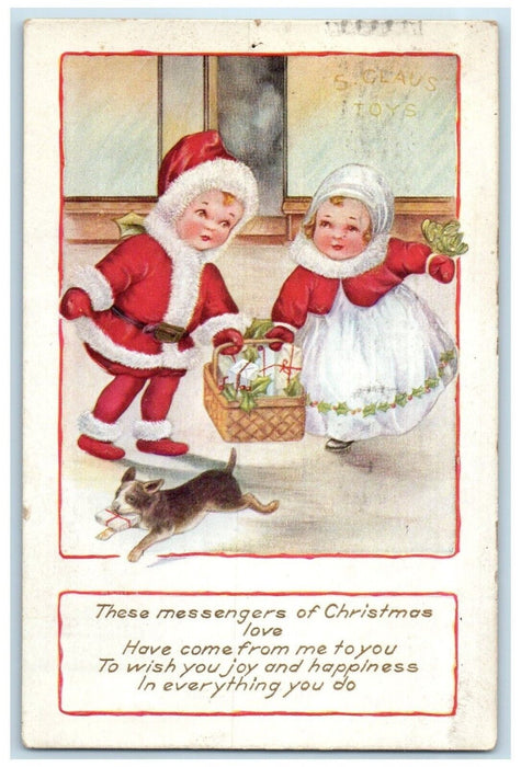 1918 Christmas Children With Gifts In Basket Embossed Red Wing MN Postcard