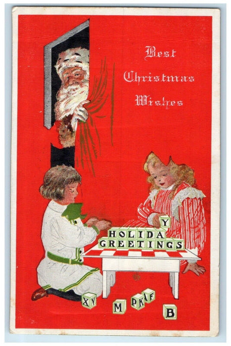 1913 Christmas Greetings Santa Claus Kids Playing Blocks Gibson Antique Postcard