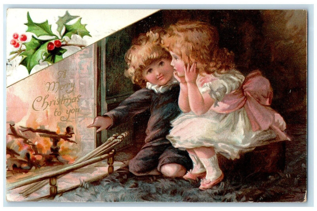 1910 Christmas Children Fireplace Holly Berries St. Paul Minnesota MN Postcard