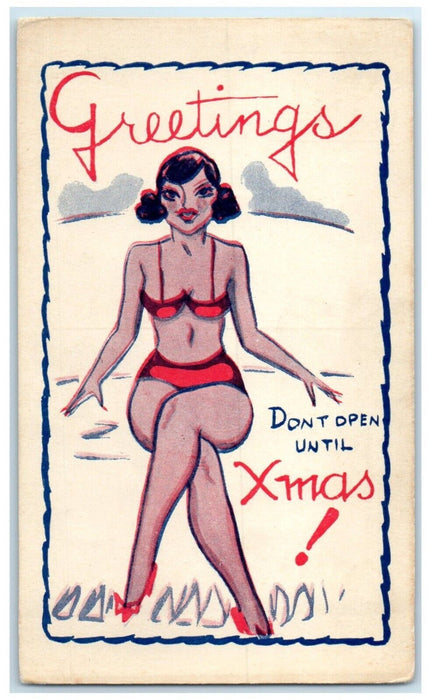 c1910's Christmas Greeting Ugly Woman Swimsuit Unposted Antique Postcard